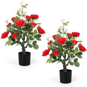 Romantic season 2Pack Artificial Rose Flower Trees, 24Inch Red Faux Rose Tree with Green Leaves for Living Room Office Home Outdoor Indoor Decor (2FT)