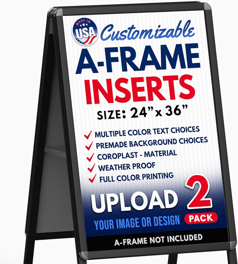 2-Pack 24x36" Custom A-Frame Sign Board with Full Color Print Inserts and Text, Weatherproof Sandwich Board Signs for Outdoor, Sidewalk Sign for Business, Coroplast Sign Made in USA