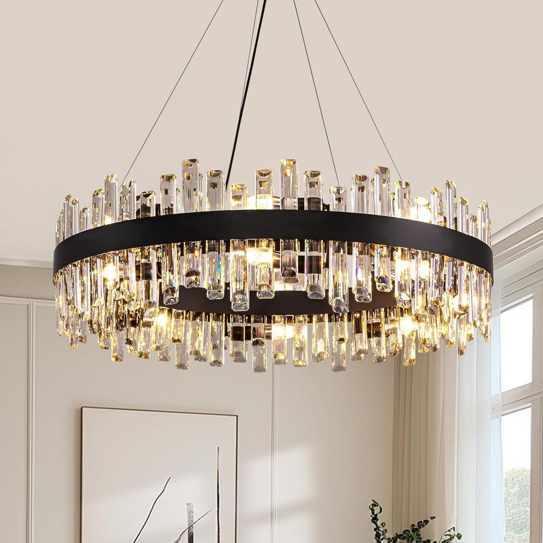 Siljoy Modern Black Crystal Chandelier 16 Lights Industrial Round 2-Tiers K9 Crystal Raindrop Chandelier Farmhouse Flush Mount Pendant Ceiling Light for Dining Living Room Bedroom Entryway D31.5''