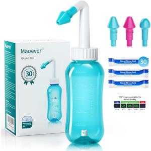 Neti Pot Sinus Rinse Bottle Nose Wash Cleaner Pressure Rinse Nasal Irrigation for Adult & Kid BPA Free 300 ML with 30 Nasal Wash Salt Packets and Sticker Thermometer (Green)