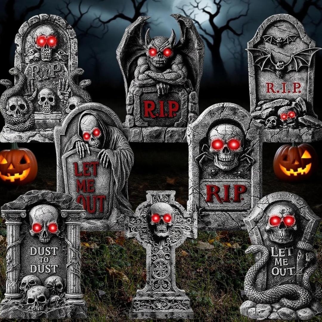 8 Pcs 16 Halloween Tombstones Outdoor Decorations Gravestone Headstone Yard Signs with Stakes LED Eyes Scary Skeleton RIP Graveyard Cemetery Decor for Halloween Home Party Lawn Garden
