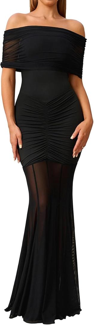 HTZMO Women Sexy Off Shoulder Bodycon Maxi Dress Strapless Ruched Wedding Guest Formal Party Long Dresses (S)