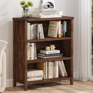 BON AUGURE Rustic Short Bookshelf, 3 Shelf Bookcase, Small Wood Low Book Cases/Shelves, Farmhouse Storage Tier Book Shelves for Home Office, Living Room, Small Space (Rustic Oak), 29.52W*12.59D*35.23H