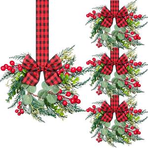 3pcs Small Christmas Wreath, 12 Inch Mini Cabinet Wreaths for Kitchen, Christmas Kitchen Decor with Ribbon Bows Red Berry Window Wreath for for Xmas Porch Wall Door Decor (Christmas Color)
