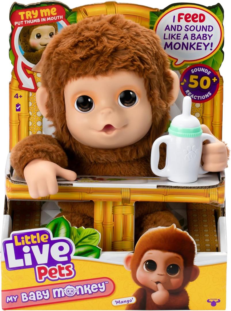 Little Live Pets My Baby Monkey Mango - Interactive Plush Toy, 50+ Sounds & Reactions, Moving Mouth, Bottle Feeding, Thumb Sucking, Grippy Hands & Feet, Soft Cuddly Stuffed Animal  Gift for Kids 4+