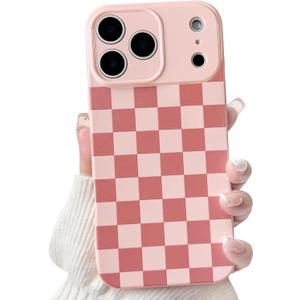 NITITOP Compatible for iPhone 17 Pro Case Cute Aesthetic Checkerboard Checkered Pattern for Women Girl Trendy Slim Fit TPU Silicone Shockproof Full Camera Protection Cover - Pink