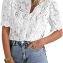 PRETTYGARDEN Womens 2026 Spring Lace Tops Short Puff Sleeve Casual Dressy Blouses Eyelet Crew Neck Button Down Shirts (White, M)