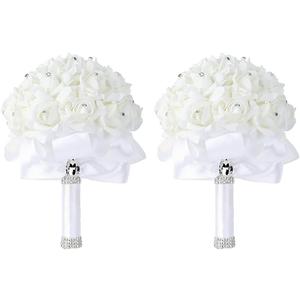 Foraineam 2 Pack Wedding Bouquet Bridal Bridesmaid Holding Flowers Foam Roses Artificial Fake Flower Hand Bouquets with Crystals Soft Ribbons