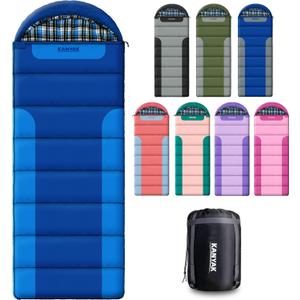 Cotton Flannel Lined Sleeping Bag for Adults Teens Kids, Cold Weather &Warm, 3 Seasons, Lightweight Compact Camping Essentials Equipment, Hiking, Outdoor, Travel (Deep Blue & Light BlueRight Zip)