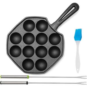 Anxingo Cast Iron Takoyaki Pan - 12 Hole Heavy Duty Square Cooking Plate Octopus Ball Maker 1.5" Half Sphere Takoyaki Maker for Baking Cooking