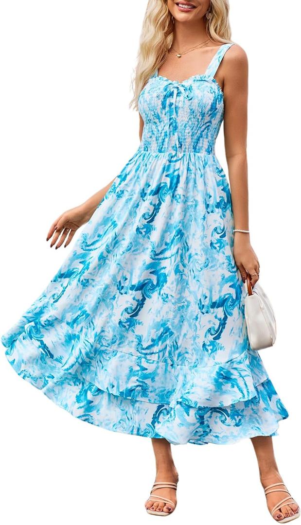 GRACE KARIN Women's 2026 Summer Floral Boho Dress Square Neck Strapped Swing A Line Sundress Beach Long Maxi Outfits (Blue)