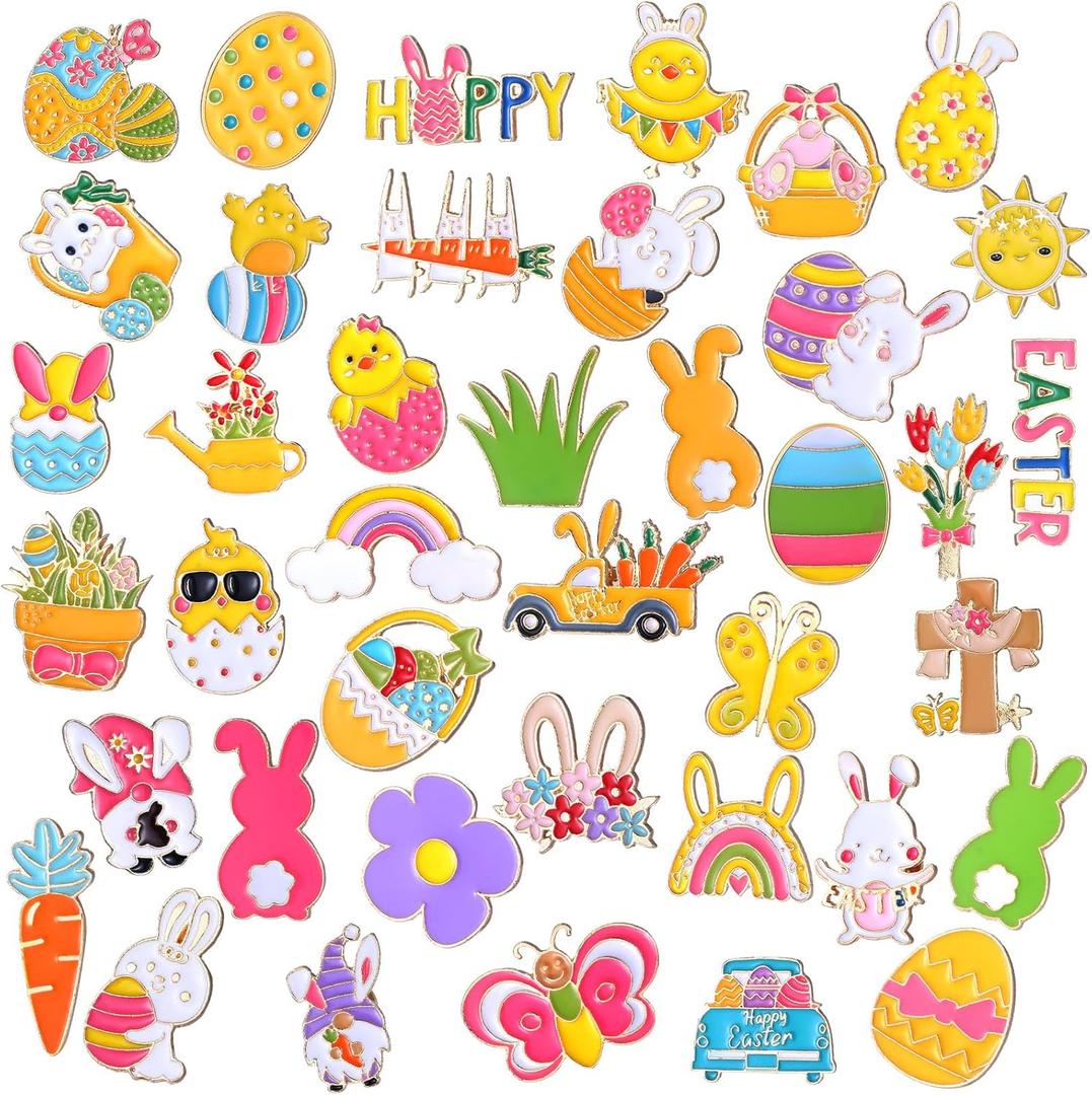 Giegxin 40 Pcs Easter Enamel Pins Bulk Spring Holiday Lapel Pin Bunny Backpack Cute Carrot Easter Eggs Flowers Butterfly Flower Basket Brooch for Women Girls Gifts