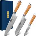 Damascus Kitchen Knife Set 3-Piece, Ultra Sharp 8" Chef Knife, 7" Santoku Knife, 3.75" Paring Knife, Professional VG-10 Damascus Super Steel Chef Knife Set with Ergonomic Handle
