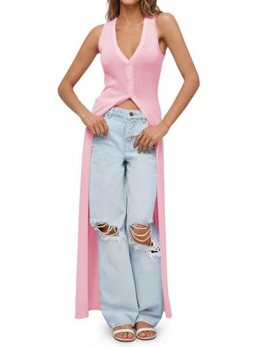 Saodimallsu Womens Long Cardigans Sleeveless V Neck Button Lightweight Knit Duster Vest Top Beach Cover Up Pink. Size Small