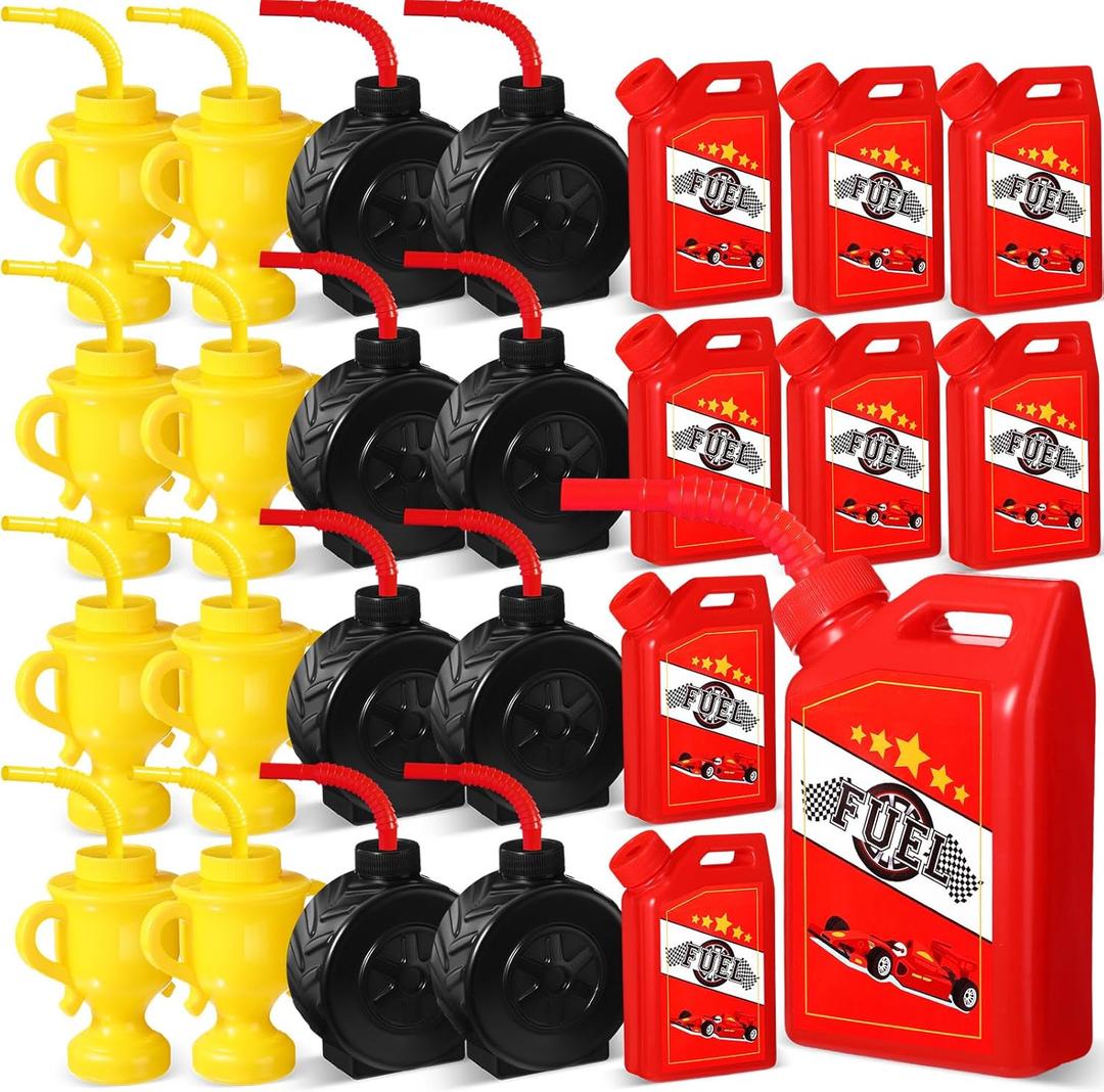 Mifoci 24 Pcs Race Car Cups with Straws Plastic Traffic Tire Shaped Cup Red Race Car Fuel Cups Yellow Trophy Cups Race Car Party Supplies for Racing Car Construction Birthday Party Decoration