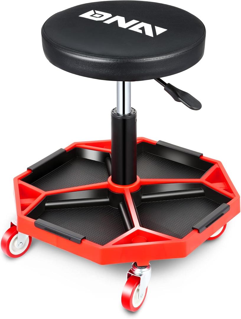 DNA MOTORING TOOLS-00253 Adjustable Height Pneumatic Garage Seat Rolling Mechanic Stool with Tool Tray Storage,300lbs Max Weight Capacity (Red)