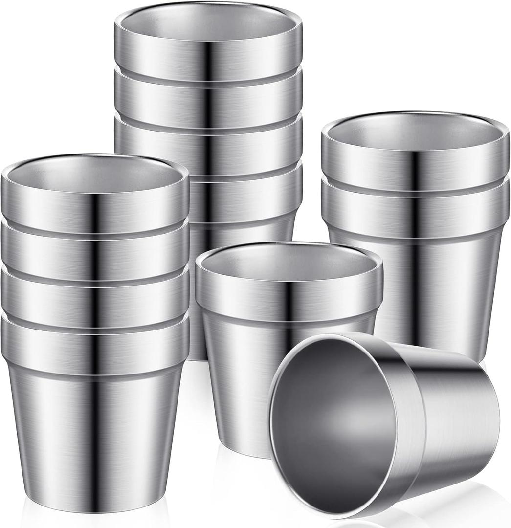 Amyhill 12 Pieces 6 oz Stainless Steel Cups Double Wall Insulated Tumblers Glasses Reusable Stackable Mugs Silver Travel Cups Metal Drinking Tumblers for Adult Home Party BBQ Camping Outdoor
