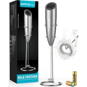 SIMPLETaste Milk Frother Handheld Battery Operated Electric Foam Maker, Drink Mixer with Stainless Steel Whisk and Stand for Cappuccino, Bulletproof Coffee, Latte (With Stand, Gray)