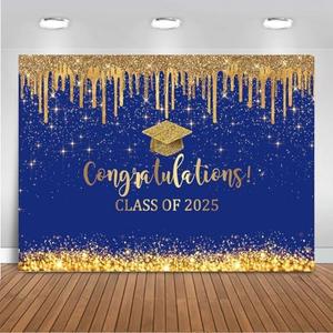 Mocsicka 7x5ft Blue and Gold 2025 Graduation Backdrop Glitter Background Class of 2025 Graduation Decorations Congratulations Grad Prom Banner Photo Booth