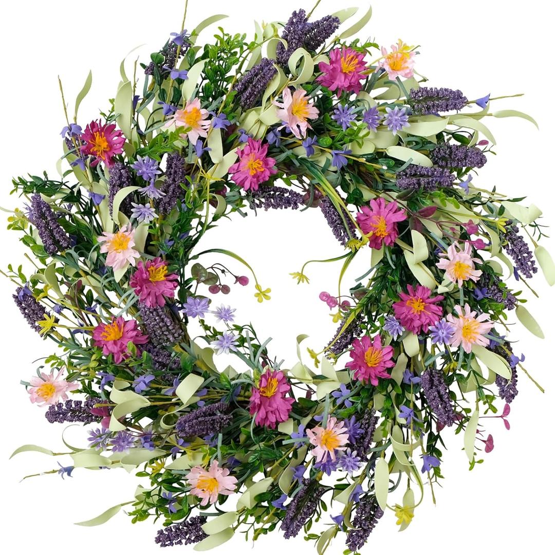 22 Inch Spring Summer Flower Wreaths for Front Door, Artificial Colorful Floral Door Wreaths with Lavender Daisies Green Leaves Farmhouse for Inside Outside Home Window Weeding Decor