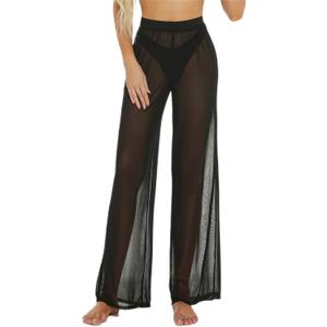 RUEWEY Women See Throug Mesh Flare Cover up Pants Swimsuit Bikini Bottom Cover up Elastic Waist Wide Leg Palazzo Trousers (Large)