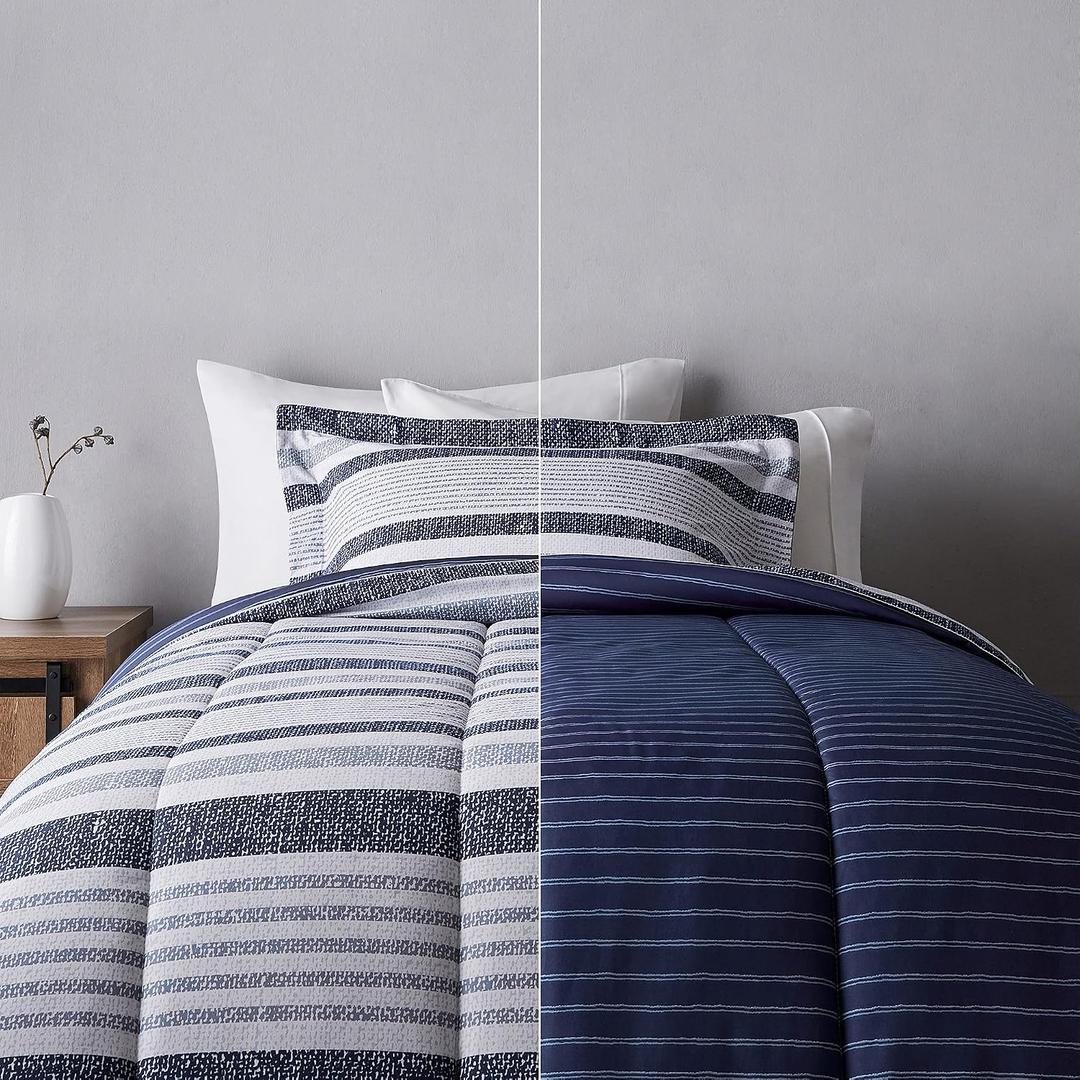 Amazon Basics Twin/Twin XL Size Ultra-Soft Lightweight Microfiber Reversible 2-Piece Bedding Comforter Set, Blue Denim/Beige Stripes