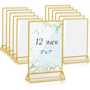Acrylic Sign Holders 5 X 7, 12 Pack Table Number Holders for Wedding Table Numbers & Menu, Gold Border Acrylic Picture Frames Double Sided Clear Display Stand