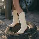 Erocalli Women's Mid-Calf Cowgirl Cowboy Boots Pull On Snip Toe Chunky Heel Western Boot (White)