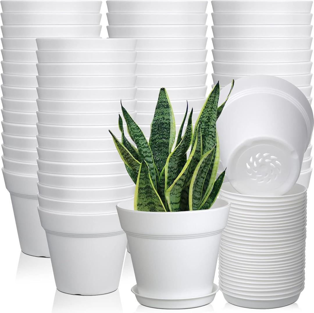 54 Pack 4 Inch Plant Pots Bulk Small Planter with Drainage Hole and Saucer Small Plastic Pots for Flowers Succulent Cactus and All House Indoor(White)