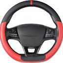 SEG Direct Flat Bottom Steering Wheel Cover, D Shaped Car Wheel Cover 14 1/2-15 in. (37-39 cm), Black Red Microfiber Leather