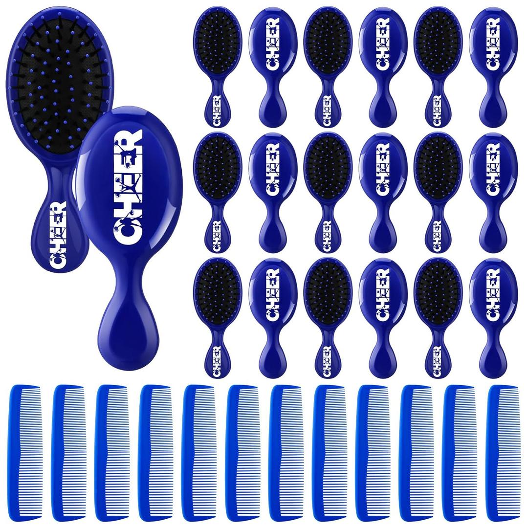 SiliFine 24 Pcs Cheer Hair Brush Detangling Cheer Hair Comb Set Include 12 Mini Brush for Hair 12 Fine Wide Combs Wet Dry for Team Gift Sport Cheerleader Gifts for Women(Blue)