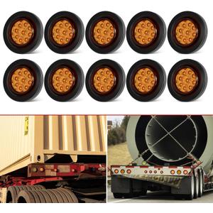 10PCS 2" Inch Round Amber Trailer LED Side Marker Clearance Lights Kit Waterproof 9 LED w/Grommets and 2 Prong Pigtails for 12V Truck Trailer RV Van Boat