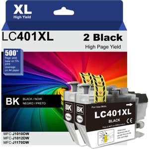 LC401XL Black Ink Cartridges, Compatible with MFC-J1010DW / J1012DW / J1170DW Printers, High Yield Replacement for Brother LC401XL LC401 Ink (2 Black, 2 Pack)