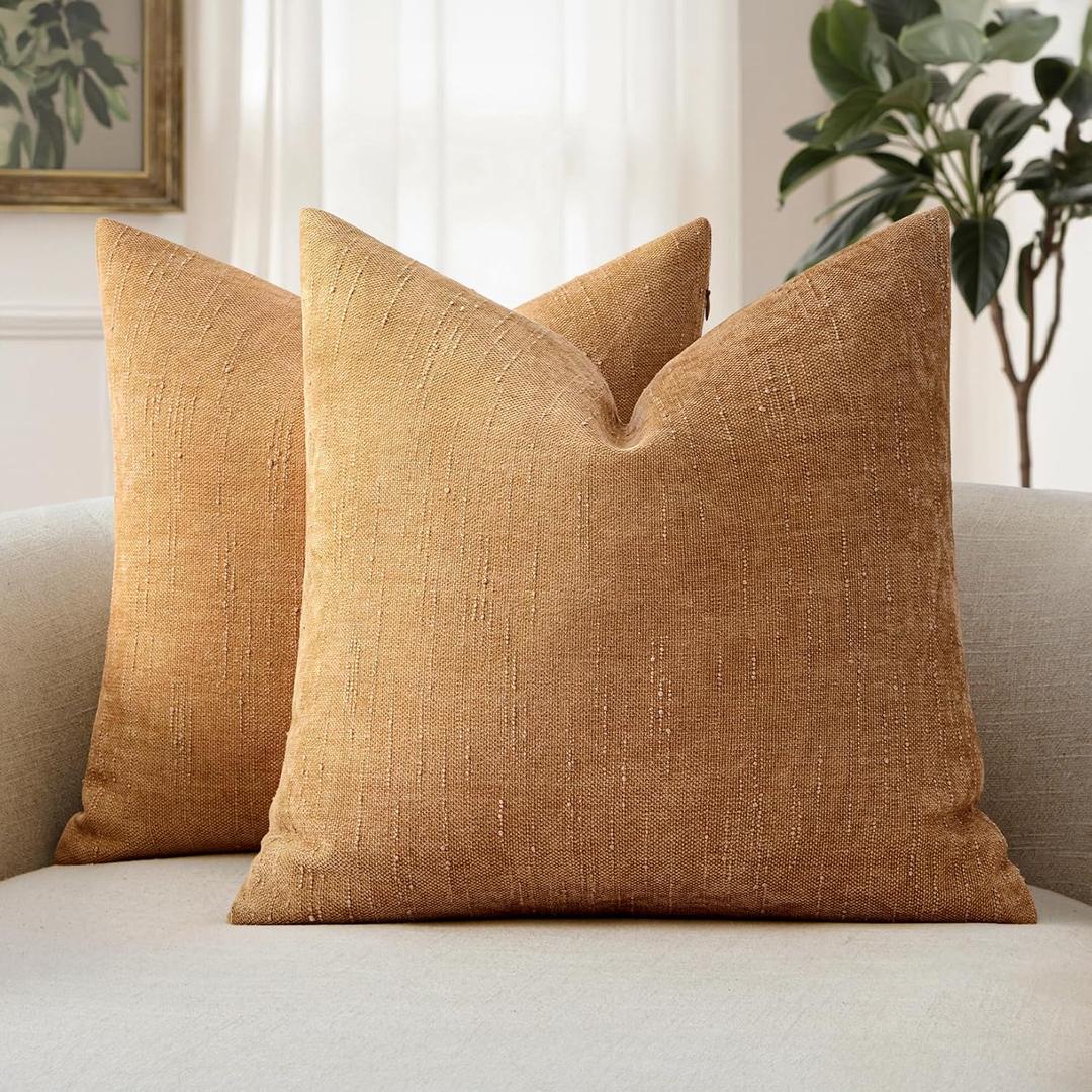 MIULEE Pack of 2 Decorative Throw Pillow Covers Soft Chenille Throw Pillows Solid Textured Cushion Covers Home Decor for Couch Sofa Bedroom Living Room 22x22 Inch,Golden Brown