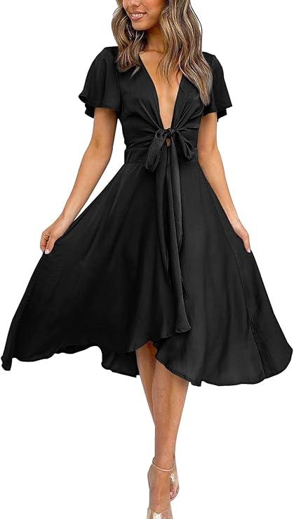  miduo Womens Satin V Neck Ruffle Short Sleeve Tie Front High Waist Midi A-Line Maxi Dresses, Size Large