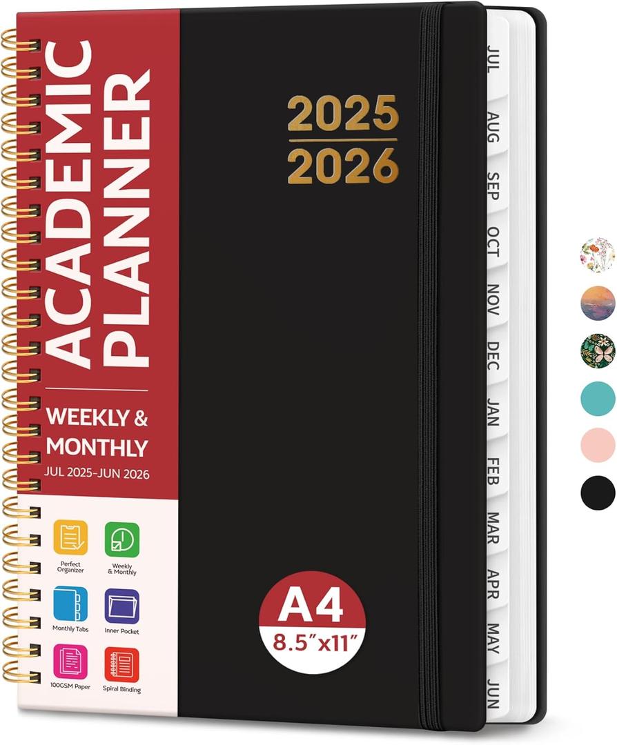 Academic Planner 2025-2026 For Women & Men, Monthly and Weekly Calendar Planner, Jul 2025 - Jun 2026, A4 (8.5" x 11"), Teacher Student Planning Book with Tabs, Ideal for Office School Supplies - Black