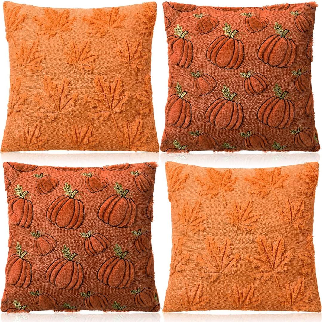 Breling 4 Pcs Fall Pillow Covers Set 18"x18" Pumpkin Leaf Throw Pillows Covers Home Farmhouse Fall Decorative Faux Fur Pillow Covers for Autumn Harvest Holiday Suppies
