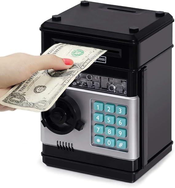 Refasy Piggy Bank Cash Coin Can ATM Bank Electronic Coin Money Bank for Kids Age 3-12, Money Savings Box Mini ATM Coin Bank Toys Gifts for 3 4 5 6 7 8 9 10 11 12 Year Old Boys Girls, Black
