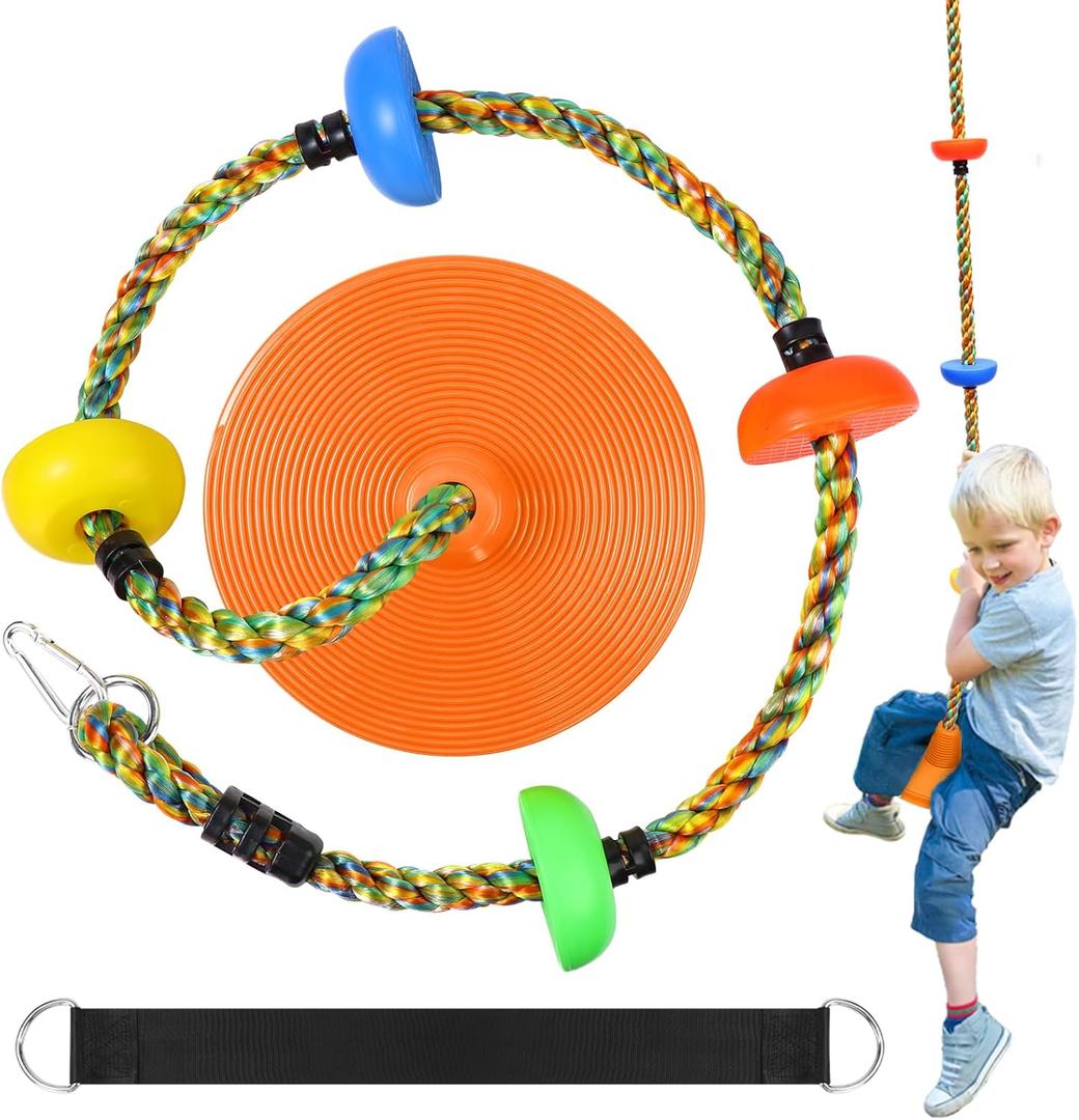 Tree Swing for Kids, Heavy Duty Single Disc Seat Climbing Rope Set with Hanging Strap and Platform Carabiners for Backyard Treehouse and Outdoor Playground Accessories (Orange)