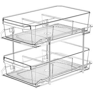 2 Tier Clear Organizer with Dividers for Cabinet, Shlef, Counter - MultiUse Slide-Out Storage Container - Kitchen, Pantry, Medicine Cupboard Bins, Bathroom, Vanity Makeup, Under Sink Organizing (8" W - 1 Set)