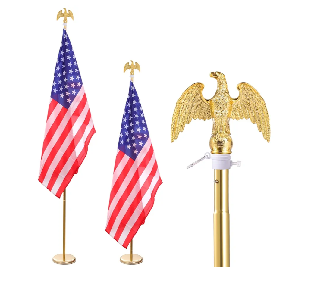 iElyiEsy 2 Pack 8FT Indoor Flagpole Kit, Sectional Flag Pole with Round Base Stand, Premium Aluminum Pole Heavy Duty Flag Pole with US Flag for Schools, Office, Hall, Gold