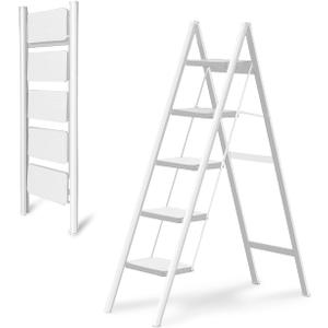 5-Step Folding Ladder, Heavy Duty Ladders for Home & Kitchen, Folding Ladder Easy to Store, Tall Ladder for Adults, Anti-Slip & Space-Saving Step Ladder, 330 Lbs Capacity, White
