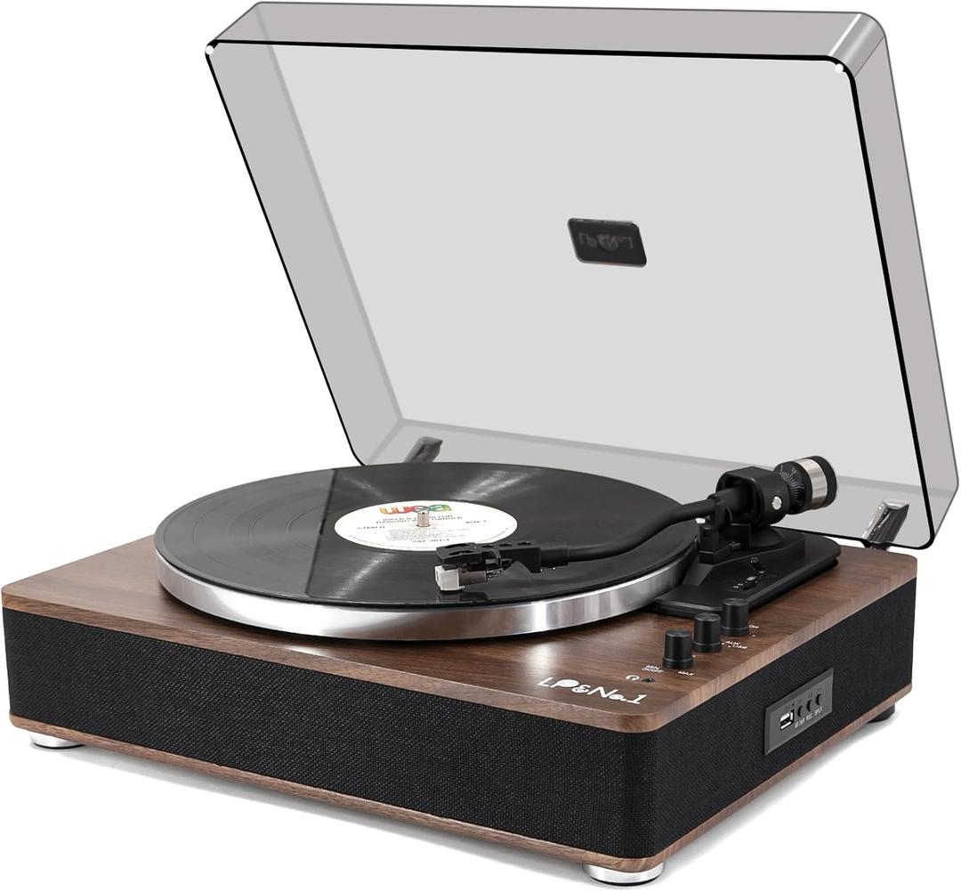 LP&No.1 High Fidelity All-in-One Record Player with Stereo Speakers, Turntables for Vinyl Records with USB Recording & Playback, Bluetooth Input and Output,Pitch Control, Auto Off (Wood Walnut Brown)