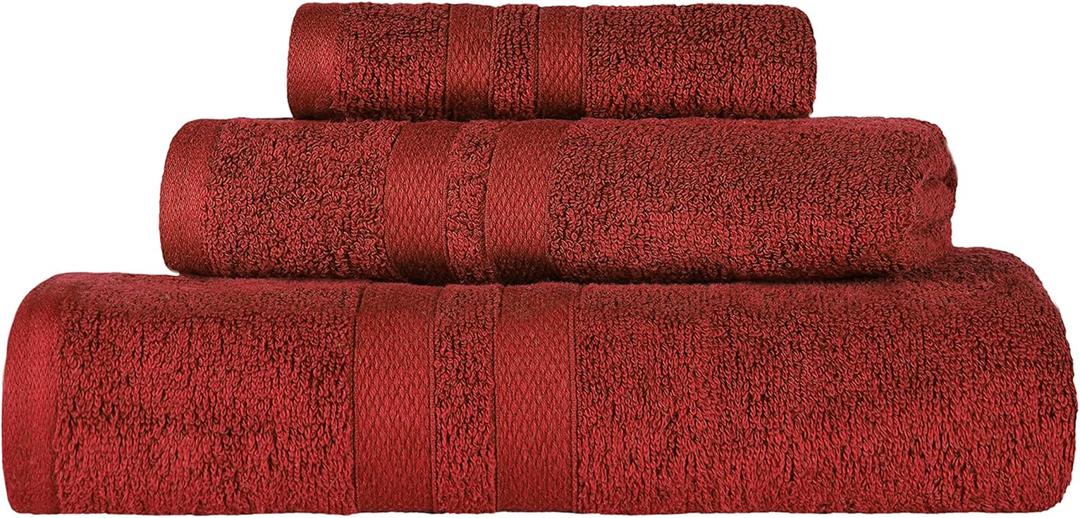 SUPERIOR Ultra-Soft 3-Piece Cotton Towel Set, Daily Use for Bathroom, Guest Room, Quick Dry, Set Includes 1 Bath Towel, 1 Hand Towel, and 1 Washcloth, Essential Plush Towels for Home - Maroon