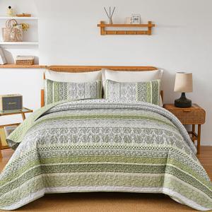 WONGS BEDDING Boho Quilt Set King Size, Sage Green Bohemian 3 Pieces Quilt Sets, Lightweight Bedspread Coverlet Bedding Set for All Season (104"x90")