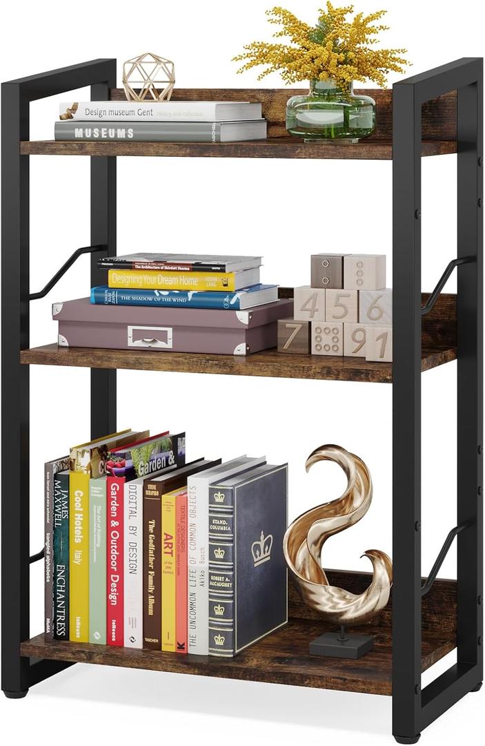 Hosfais Book Shelf Small Bookshelf: 3-Tier Wood Bookcase Industrial Bookshelf with Edge Protection Metal Narrow Bookcase Storage Organizer Display Rack for Bedroom Home Office (Rustic Brown)