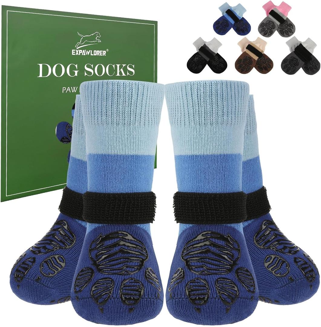 EXPAWLORER Anti Slip Dog Socks to Prevent Licking Paws, Dog Shoes for Cold Winter, Dog Booties for Hardwood Floors, Dog Boots & Paw Protectors with Grippers for Small Medium Large Senior Dogs Blue S