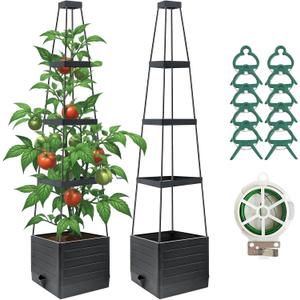 2 Pack Raised Garden Bed Planter Box with Trellis, 58Tomato Planter with Trellis for Climbing Plants Vegetables Vine Flowers, Self-Watering Tomato Cage for Garden Patio Outdoor & Indoor