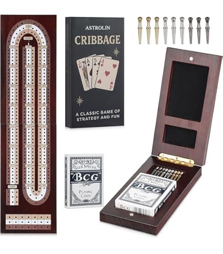 Cribbage Board Game Set - Wooden Foldable 3-Track Board with Magnetic Closure, 9 Metal Pegs, Playing Cards, Portable Family Travel Game for Gatherings and Gifts