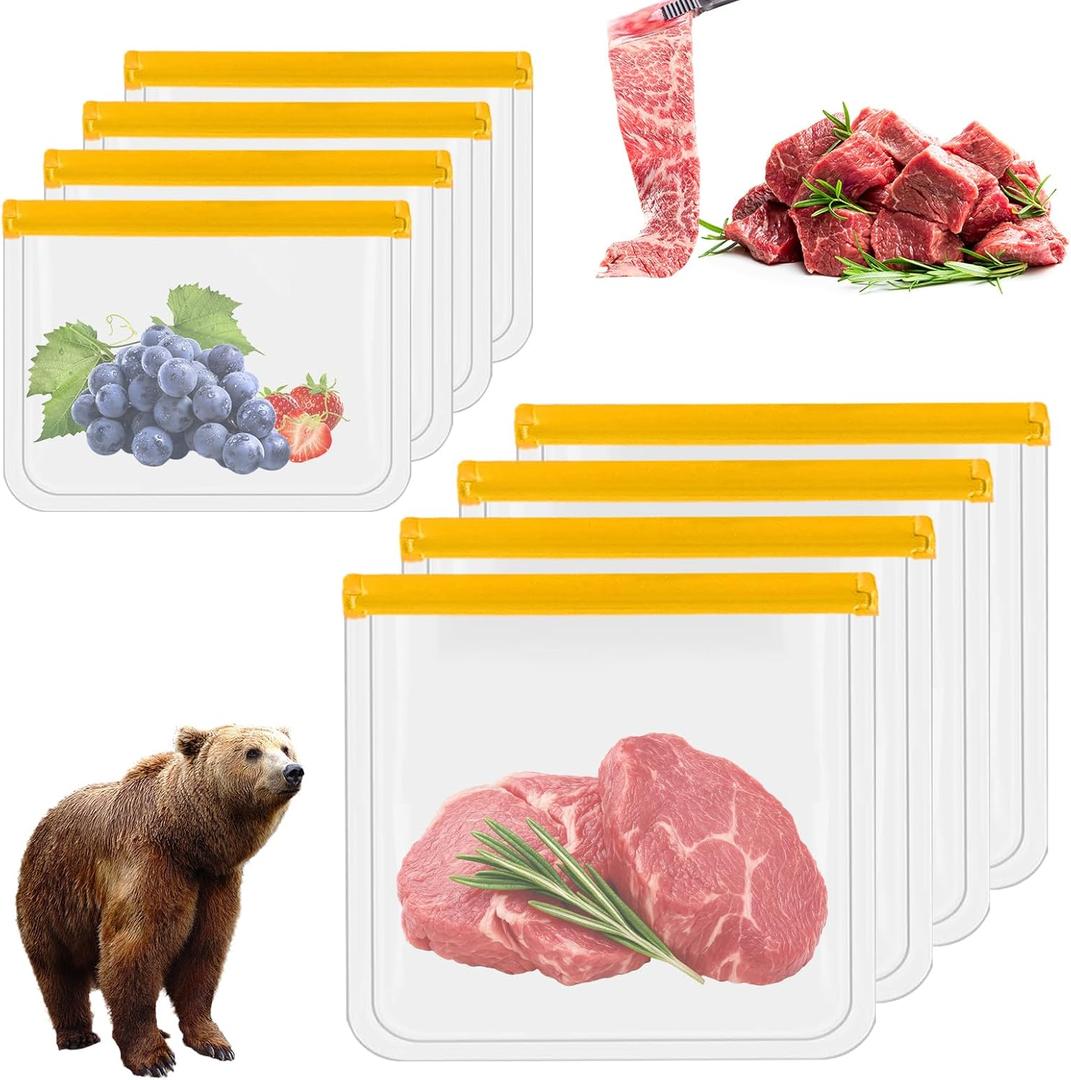 8 Pack Silicone Storage Freezer Bags, Waterproof Clear Document Holder with Zipper Seal, Reusable Food Storage Bags, Leakproof Food Storage Containers for Picnic, Work, Home Use